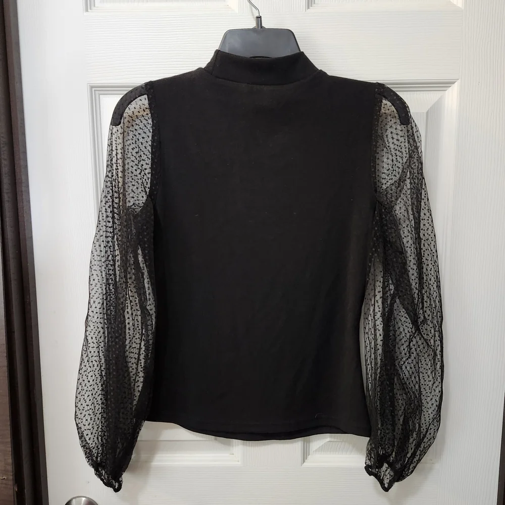 Lulus Black Mesh Balloon Sleeve Mock Neck Try To Keep Up Top Sz S - Picture 6 of 8